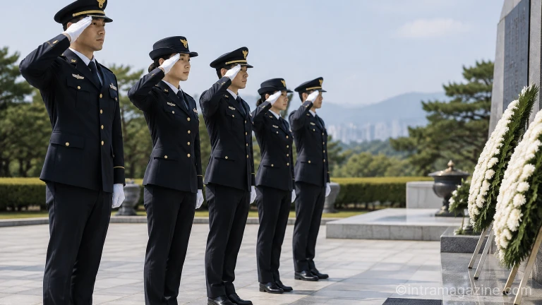 기념식에 참석해 단상을 향해 정중하게 거수경례를 올리는 정복 경찰관들