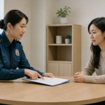 경찰서 상담실에서 여성 경찰관이 관계성 범죄 피해 여성과 마주앉아 상담하고 있다.