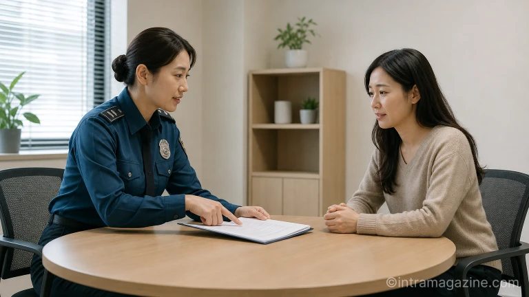 경찰서 상담실에서 여성 경찰관이 관계성 범죄 피해 여성과 마주앉아 상담하고 있다.