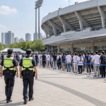 포스트시즌 경기가 열리는 야구 경기장 외곽에서 순찰 활동을 펼치는 경찰관들의 모습