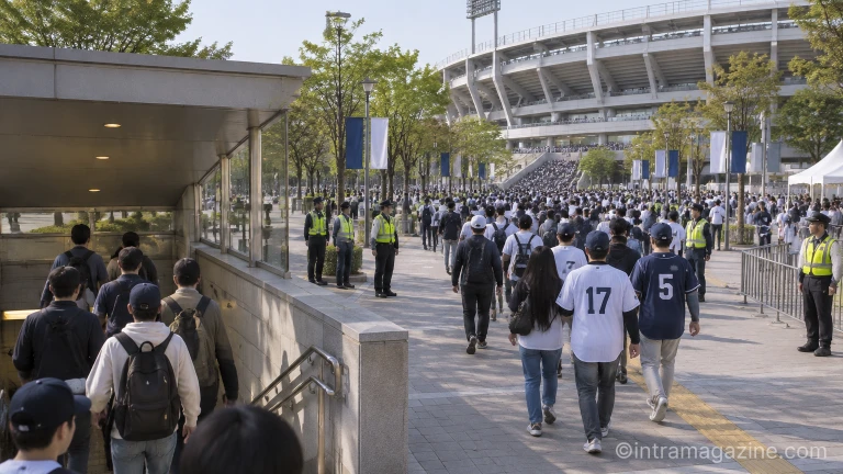 지하철역 출구와 야구장 진입로 주변으로 많은 관람객이 오가는 이동 동선 풍경