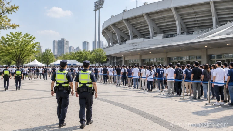 포스트시즌 경기가 열리는 야구 경기장 외곽에서 순찰 활동을 펼치는 경찰관들의 모습