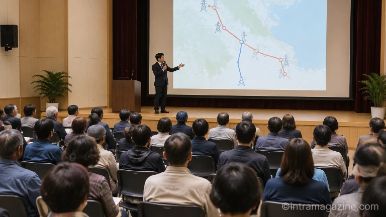 송전선로 입지선정 사전 설명회에 참석해 경과지 노선 발표를 경청하는 지역 주민들
