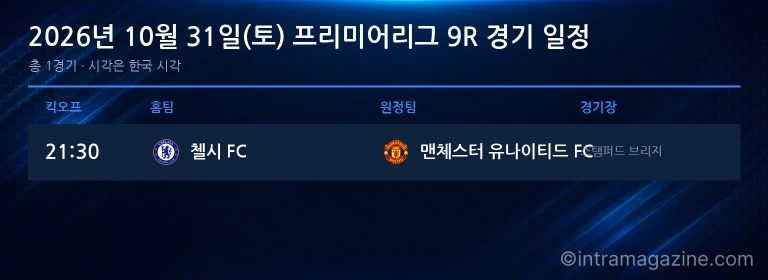 2026년 10월 31일(토) 프리미어리그 9R 경기 일정표