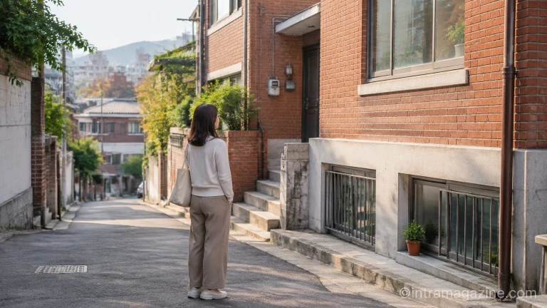 서울 구의동 옛 주택가 골목길을 둘러보는 사람의 뒷모습