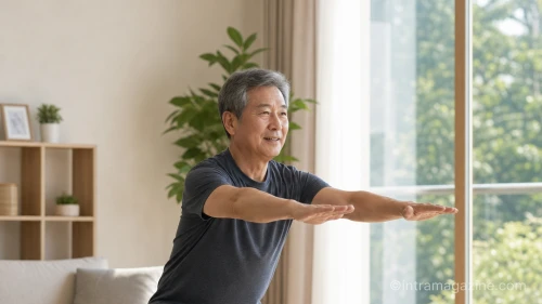 한 노년 남성이 집에서 안전하게 스쿼트 운동을 하고 있다.