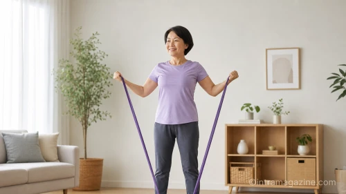 중년 여성이 저항 밴드로 근력 운동을 하는 모습