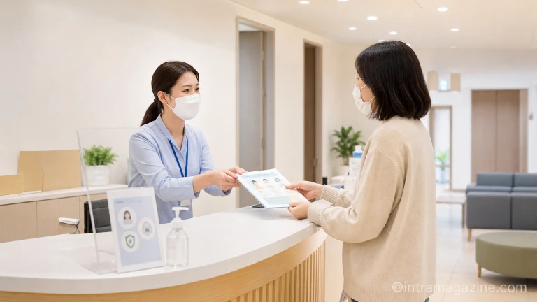 보건소 창구에서 마스크를 쓴 직원이 방문객에게 호흡기감염병 안내문을 전달하는 모습
