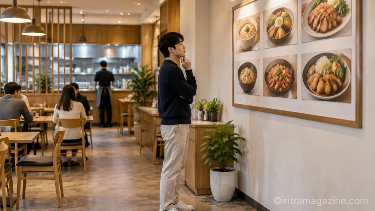 식당 내부에서 메뉴 선택 안내문을 바라보는 손님의 모습
