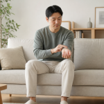 한 남성이 소파에 앉아 안정된 상태에서 자신의 손목 맥박을 측정하고 있다.