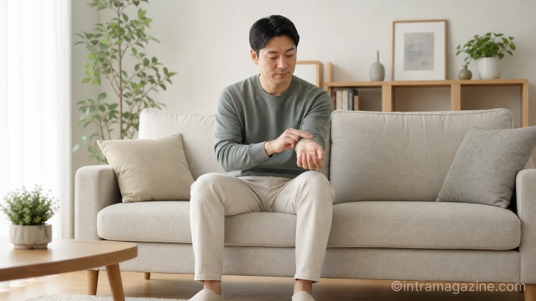 한 남성이 소파에 앉아 안정된 상태에서 자신의 손목 맥박을 측정하고 있다.