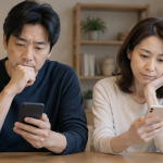 동창회 초대 메시지가 뜬 스마트폰을 바라보며 참석 여부를 고민하는 모습