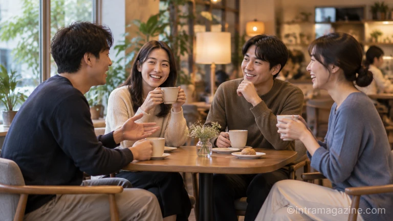 동창 모임 장소에서 서로 눈을 맞추며 편안하게 대화를 나누는 참석자들