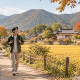 가을 농촌 들녘과 전통 한옥 마을 사이 산책로를 걷는 여행자의 모습