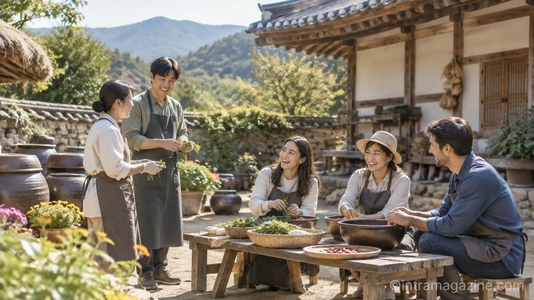 농촌 체험 마을 마당에서 여가를 즐기는 관광객들의 현장 모습