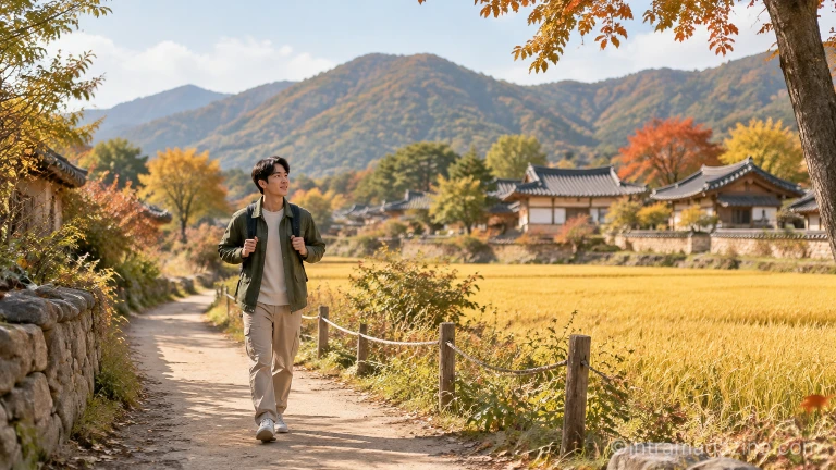 가을 농촌 들녘과 전통 한옥 마을 사이 산책로를 걷는 여행자의 모습