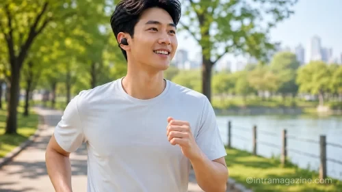 공원에서 조깅하며 갤럭시 버즈 온을 착용하고 있는 남성
