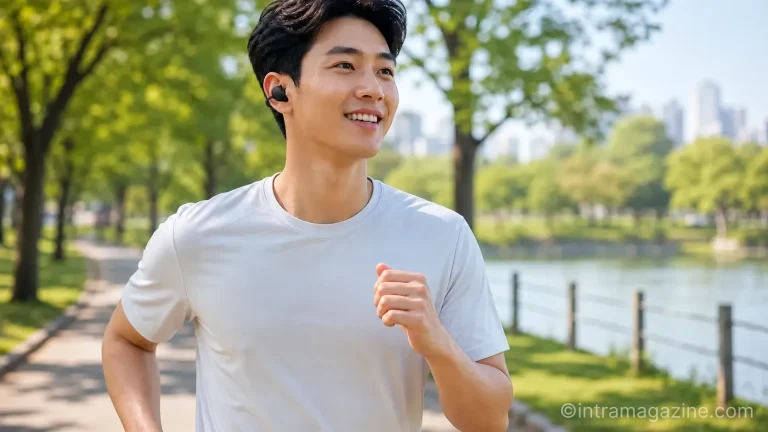 공원에서 조깅하며 갤럭시 버즈 온을 착용하고 있는 남성