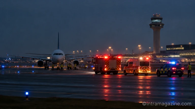 보안 순찰 차량과 경광등이 켜진 국제공항 외곽 전경