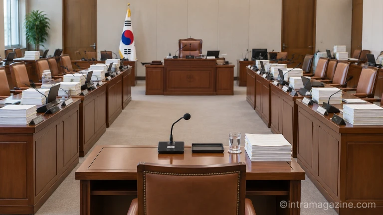 국정감사가 열리는 국회 회의장 증인석과 마이크 모습