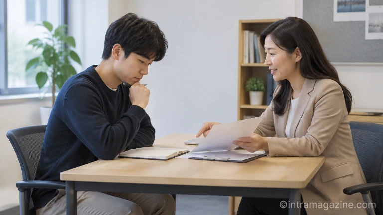 일자리 상담 창구에서 진로 적성 계획서를 확인하며 취업 지원 상담을 받는 청년