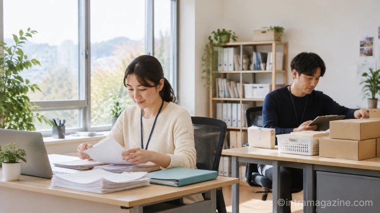 지역자활센터 실내 사무실에서 서류를 정리하며 업무를 진행하는 30대 청년 참여자들