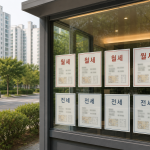 부동산 중개업소 창문에 서울 아파트 월세 매물 안내문이 붙어있는 모습