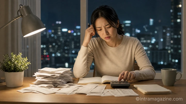 책상에 앉아 가계부를 보며 주거 비용을 걱정하는 사람의 모습