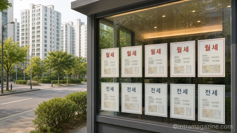 부동산 중개업소 창문에 서울 아파트 월세 매물 안내문이 붙어있는 모습
