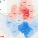 2026년 3분기 서울 아파트 신고가 거래 비중을 나타낸 지도. 강북 지역은 붉게, 강남 지역은 푸르게 표시되어 지역별 차이를 보여준다.
