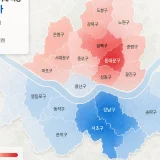 2026년 3분기 서울 아파트 신고가 거래 비중을 나타낸 지도. 강북 지역은 붉게, 강남 지역은 푸르게 표시되어 지역별 차이를 보여준다.