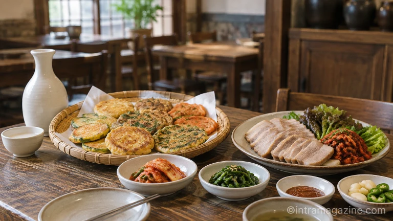 노릇하게 지져낸 전과 촉촉하게 삶아낸 소고기 수육 접시