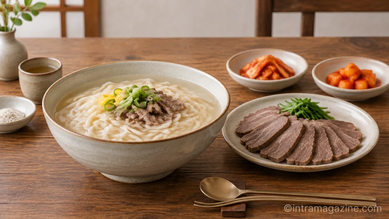 진한 소고기 육수 칼국수와 정갈하게 담겨 나온 수육 한 상