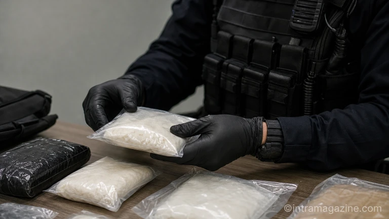 경찰관이 압수된 마약 증거품을 조사하는 모습