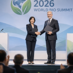 2026 세계 바이오 서밋 개막식에서 보건복지부와 WHO 관계자가 서울선언문 채택을 기념하며 악수하는 모습