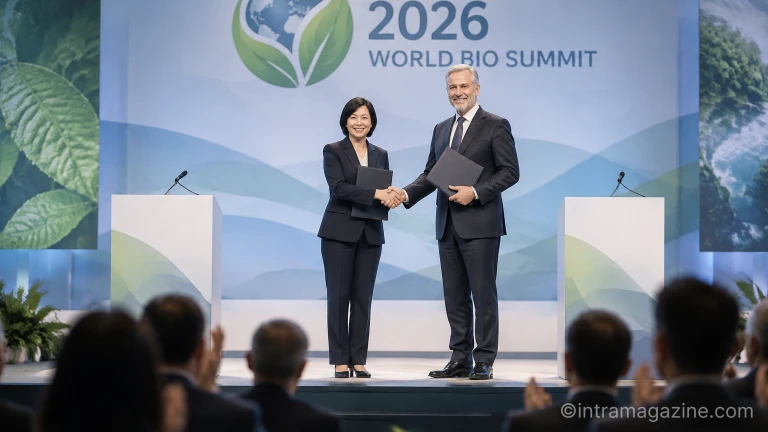 2026 세계 바이오 서밋 개막식에서 보건복지부와 WHO 관계자가 서울선언문 채택을 기념하며 악수하는 모습
