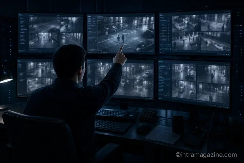 수사관이 CCTV 영상을 분석하며 단서를 찾는 모습의 일러스트
