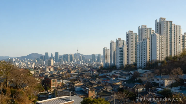 서울 시내 오래된 주택가와 신축 아파트 단지 전경