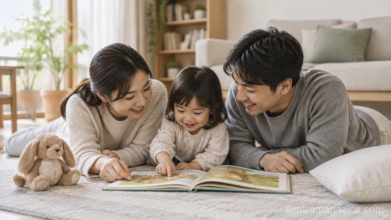 가정에서 자녀와 함께 그림책을 읽으며 마음을 나누는 학부모의 모습