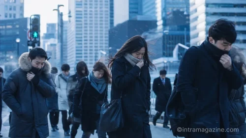올가을 최저 기온을 기록한 14일 오전, 두꺼운 옷차림으로 출근하는 시민들.