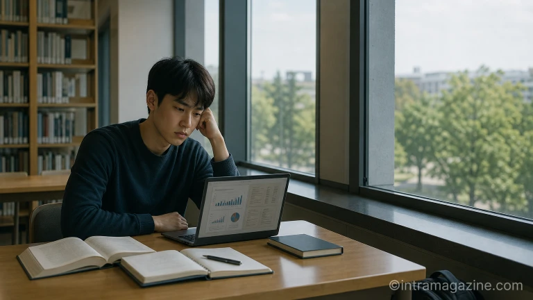 노트북으로 구직 정보를 살펴보며 한숨을 쉬는 젊은 취업준비생의 모습.