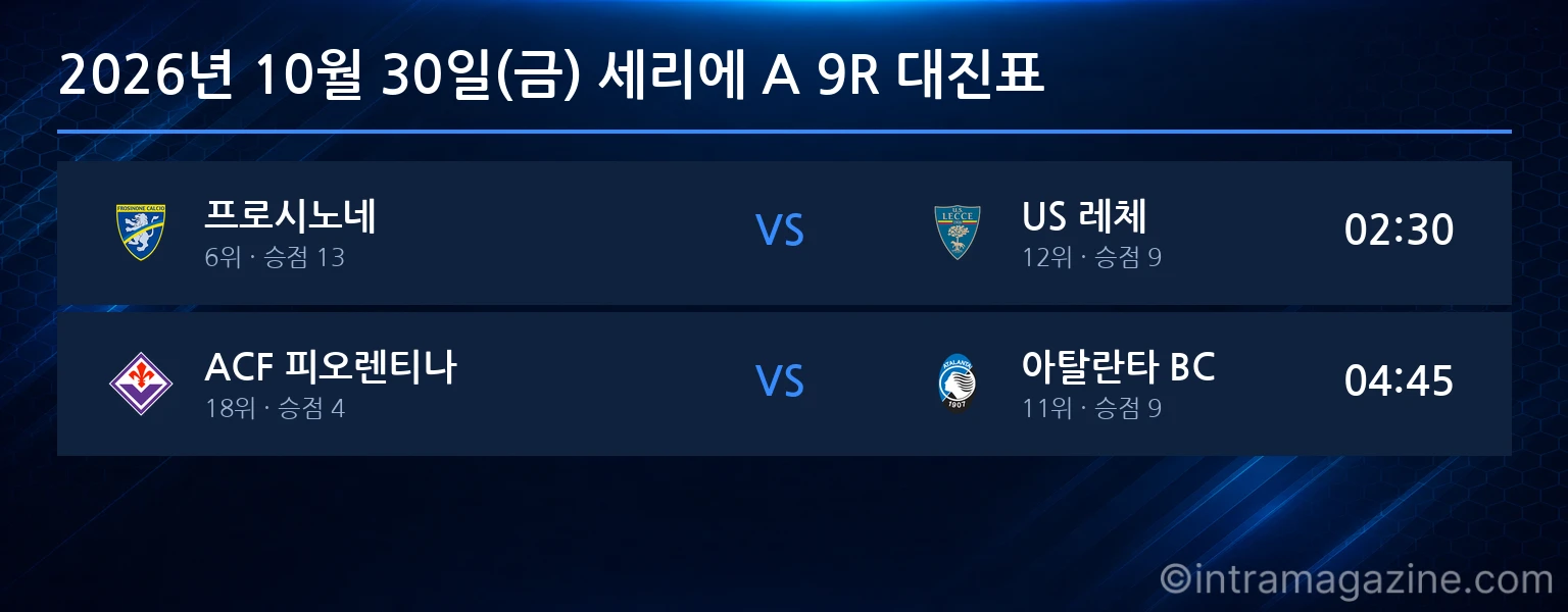 2026년 10월 30일(금) 세리에 A 9R 대진표