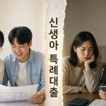 신생아 특례대출 소득 기준에 따라 희비가 엇갈리는 두 신혼부부의 모습을 대비한 이미지