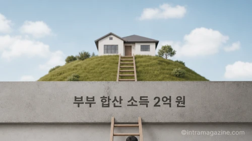 소득 기준이라는 벽에 막혀 내 집 마련 사다리를 오르지 못하는 부부를 묘사한 인포그래픽