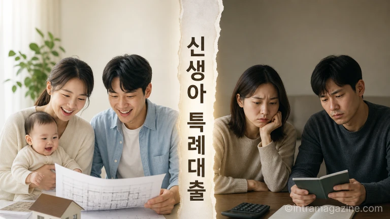 신생아 특례대출 소득 기준에 따라 희비가 엇갈리는 두 신혼부부의 모습을 대비한 이미지