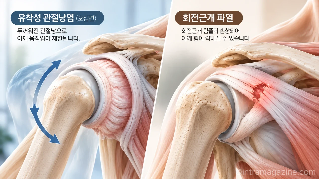 오십견은 어깨 관절낭의 운동 제한이, 회전근개파열은 힘줄 손상과 근력 저하가 주요 특징이다. (사진=생성형 AI)