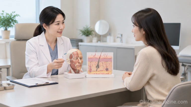 피부과 전문의와 피부 탄력 시술 상담을 나누는 모습
