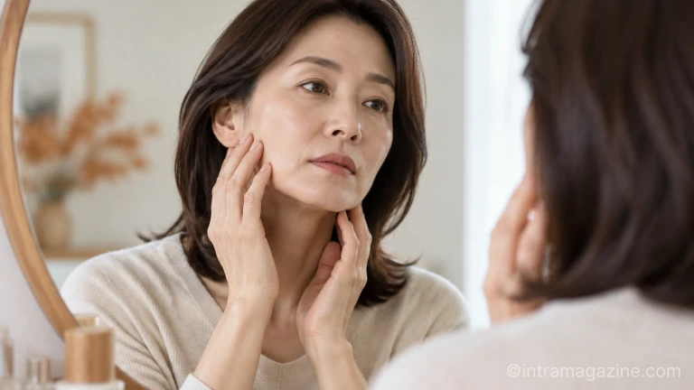 환절기 피부 탄력 변화를 점검하는 중년 여성