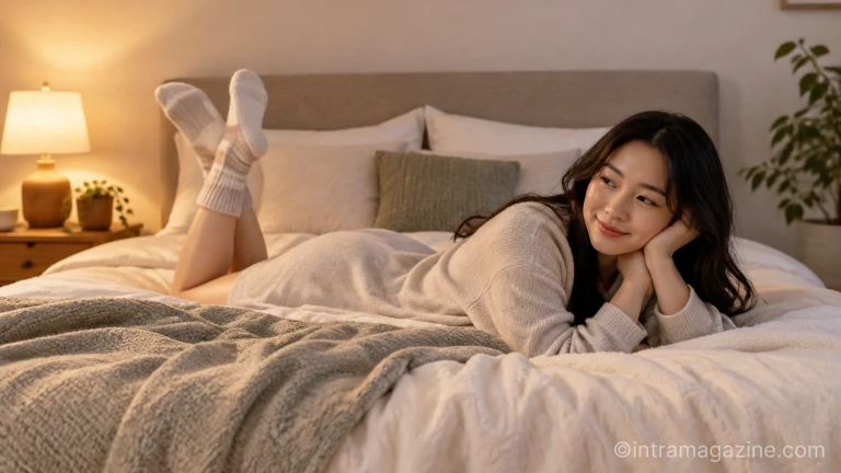 침대 위에서 편안한 면 소재 수면 양말을 신고 휴식을 취하는 발의 모습