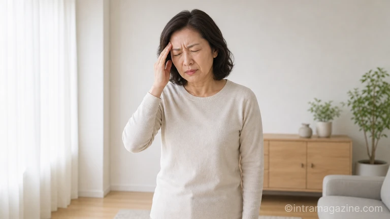 한 여성이 갑작스러운 두통과 눈의 통증을 느끼며 괴로워하고 있다.